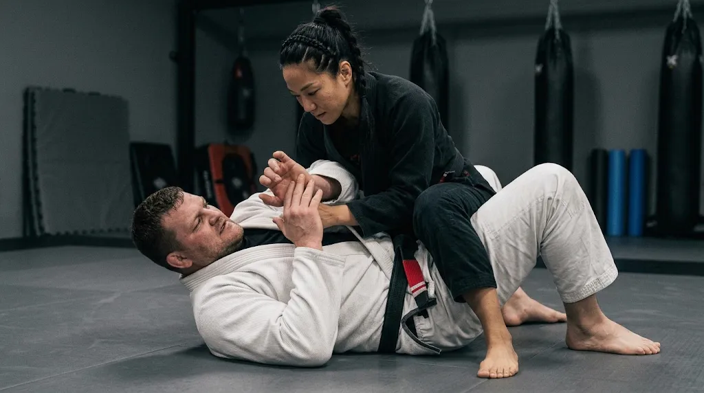 Une pratiquante en gi noir immobilise et attaque le bras d'un partenaire plus costaud en gi blanc, jiu-jitsu brésilien