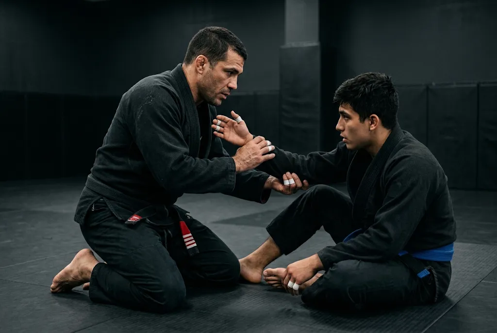 Un instructeur montre une technique à un élève, jiu-jitsu brésilien